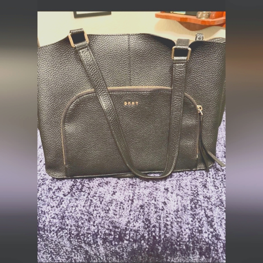 DKNY black leather tote bag